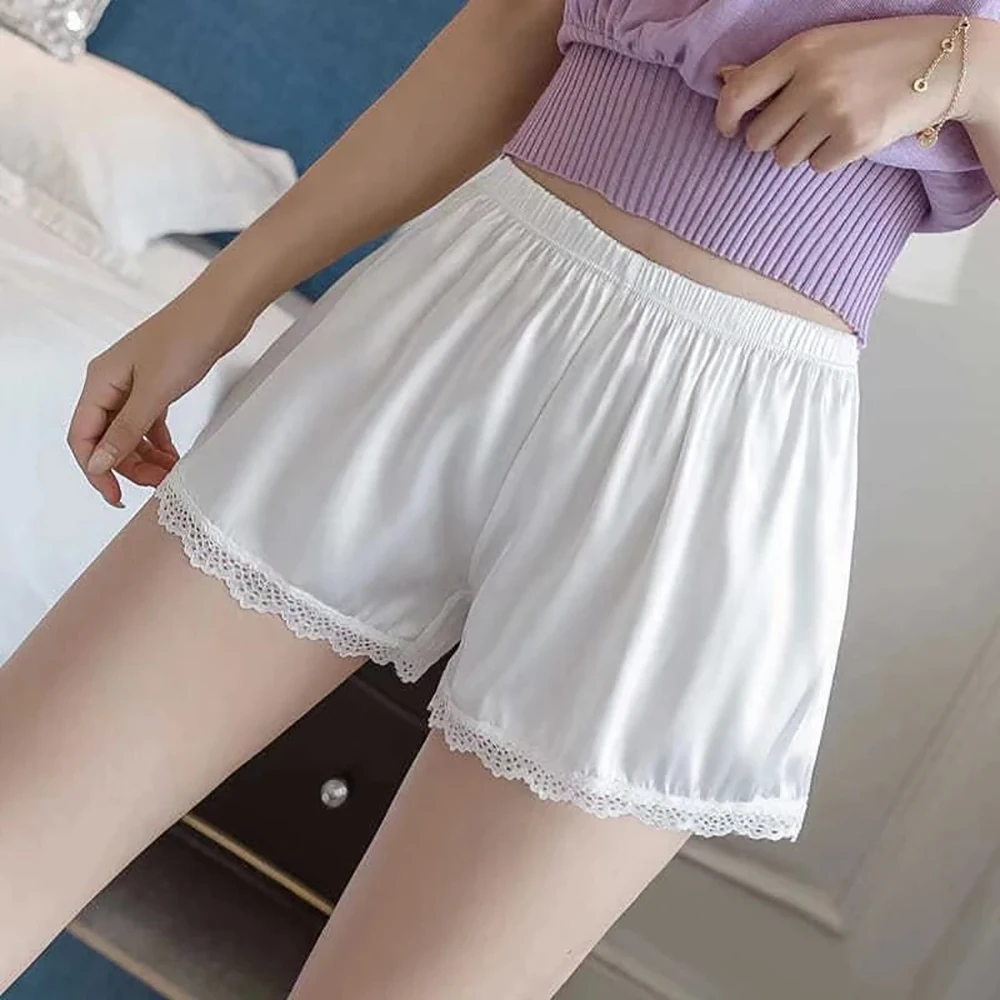 Women Spring Summer Satin Silk Lace Safety Shorts Pants Loose Elastic Waist Home Sleep Shorts Nightwear Bottom Thin Pajamas