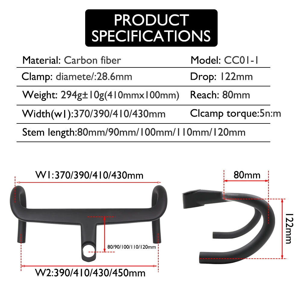 CC.01 カーボンファイバー一体型ロードハンドルバー（C68/V5Rs/V4Rs/C68 Gravel/C68 Allroadシリーズ用）、370-430mm、コンピューターマウント付き
