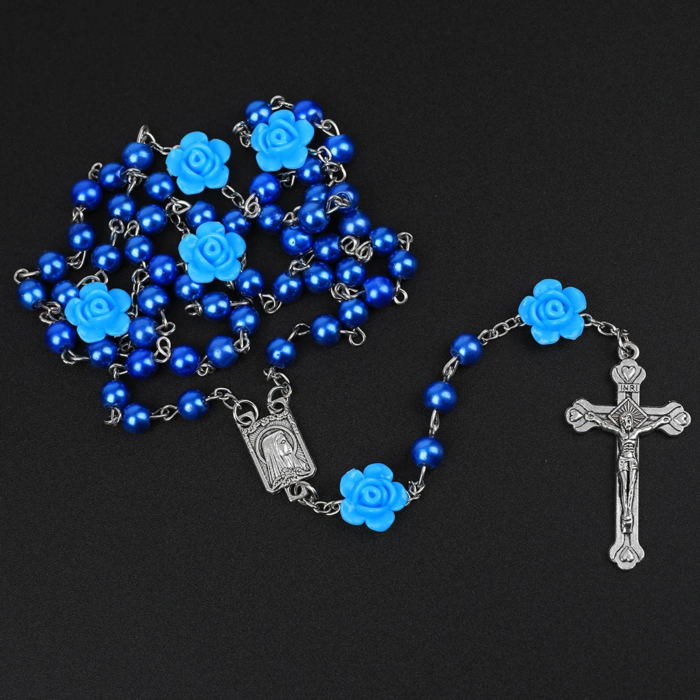 حبات المسبحة الكاثوليكية عقد خرز مسبحة الصلاة المسيحية 6 مللي متر حبات اللؤلؤ طويلة Y سلسلة الصليب قلادة للنساء مجوهرات الدينية