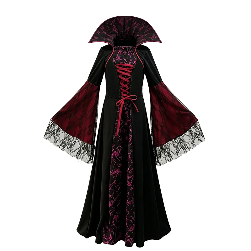 Mädchen Mittelalterliches Vintage-Hexenkostüm mit Langen Ärmeln, Ausgestellten Ärmeln, Schnürkragen und Bedrucktem Kleid für Halloween, Karneval und Cosplay – Detail 4