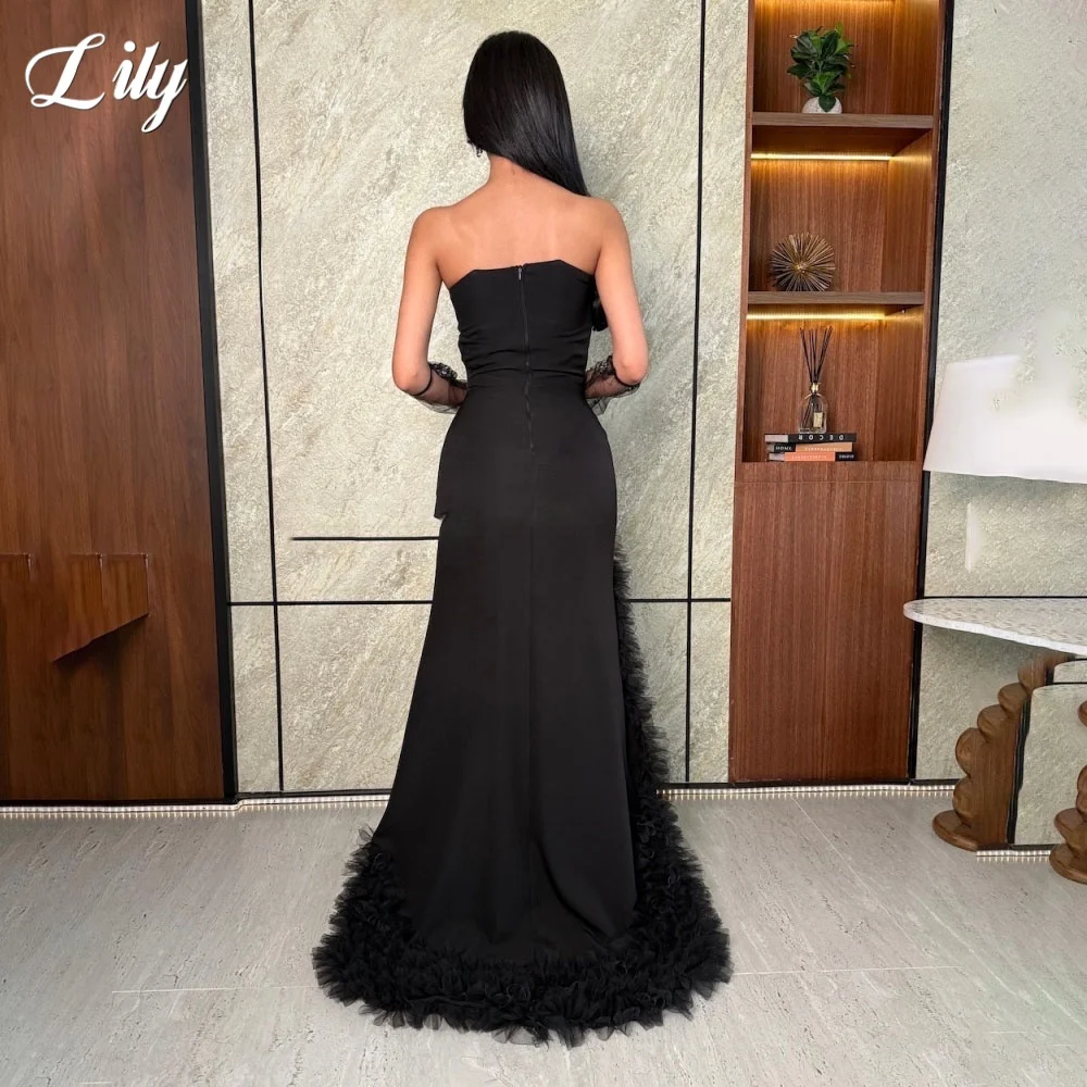Lily – robe de soirée trompette en Satin noir, Sexy, sans manches, plis froncés, avec robe de soirée fendue, personnalisée