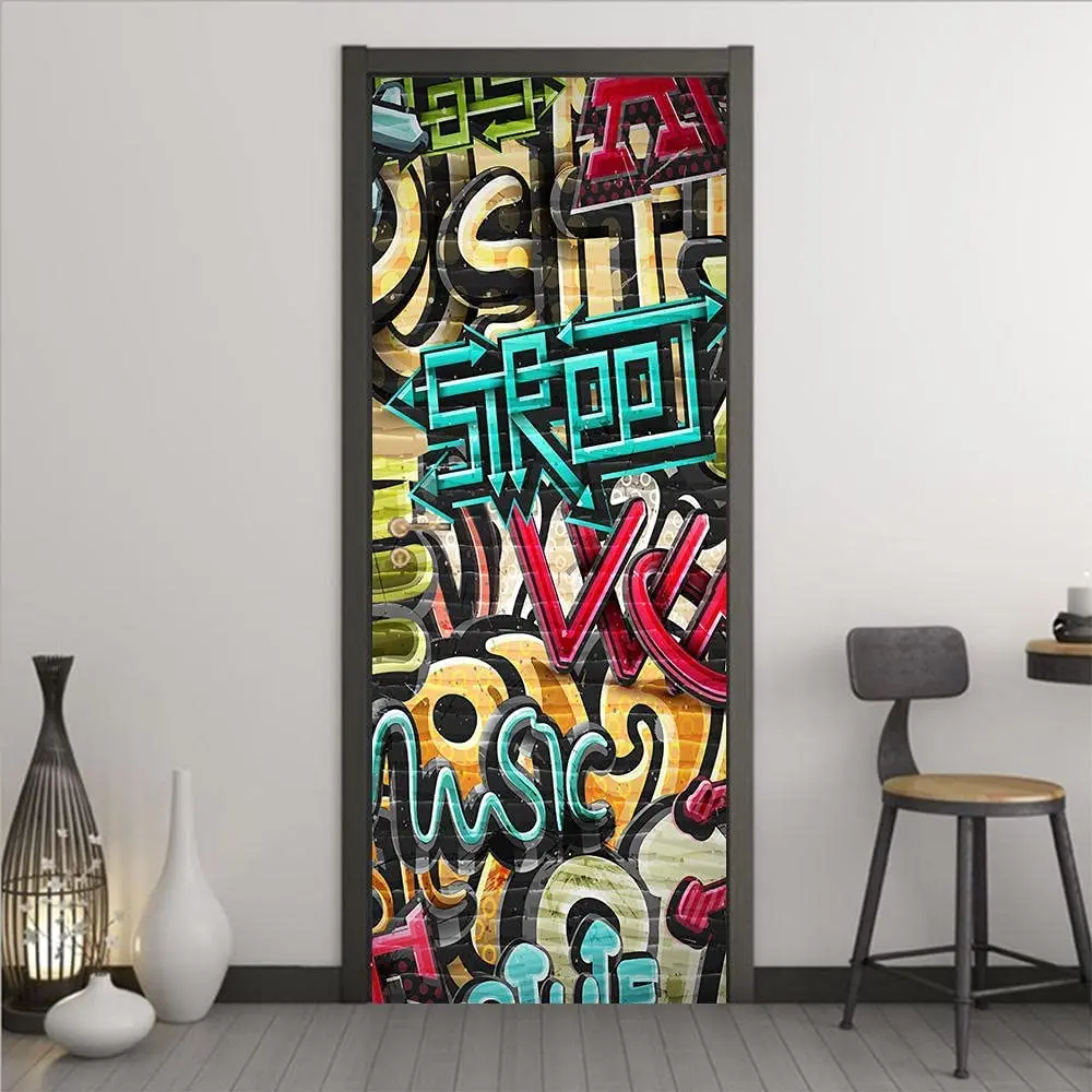 Colorful Graffiti Door Sticker Street Mural Art Door Decal Removable Hip Hop Hippie Style Poster Wallpaper Home Bedroom Decor