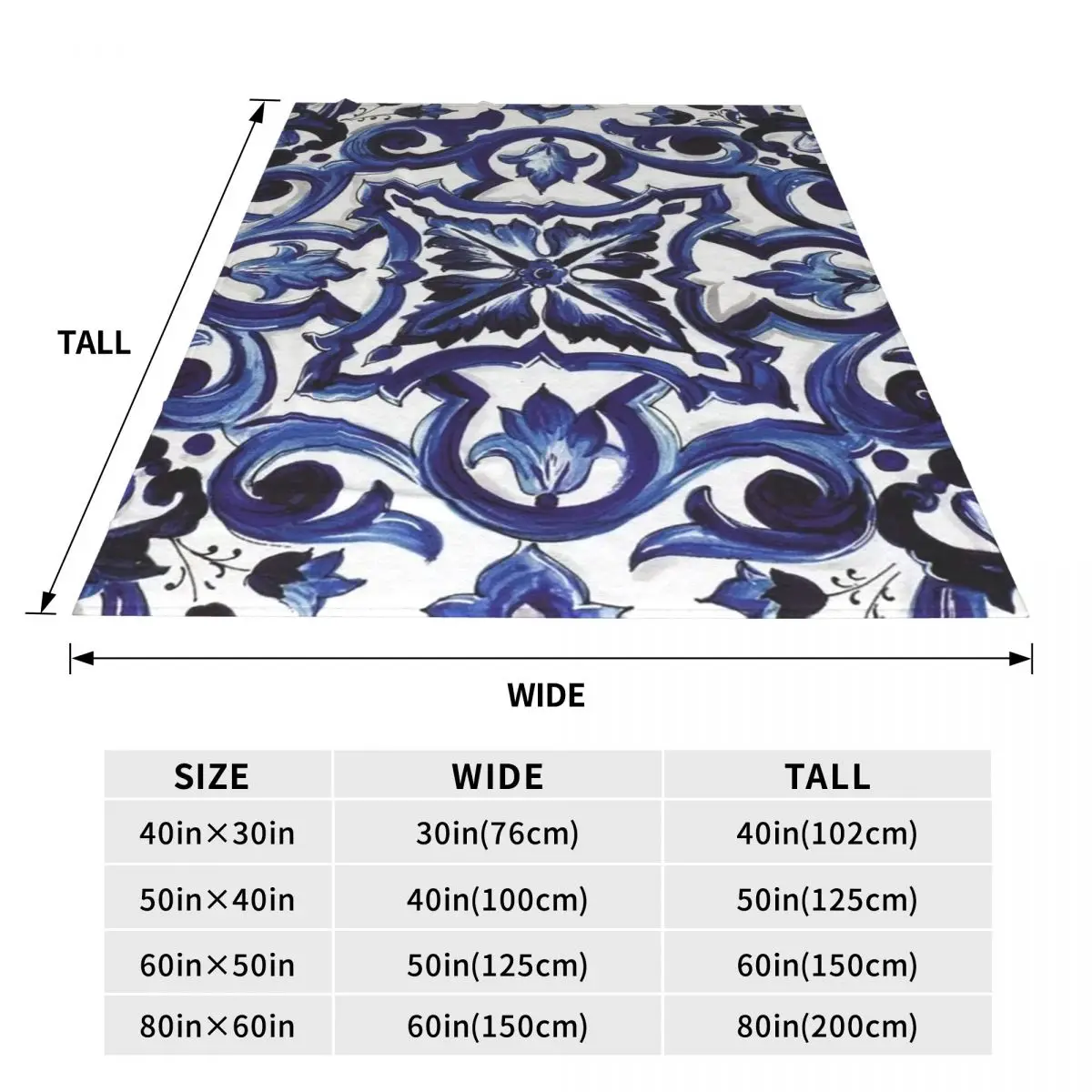 Blue Ornate Floral Mediterranean Sicilian Tile Blanket Soft Warm Flannel Throw Blanket Plush for Bed Living room Home Sofa