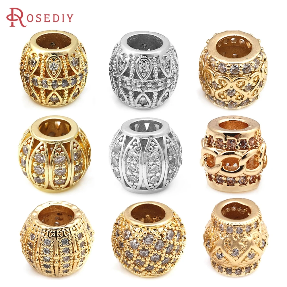18K Gold Color Brass and Zircon Large Hole Barrel Shape Spacer Beads Bracelets Beads High Quality Diy Jewelry Accessories