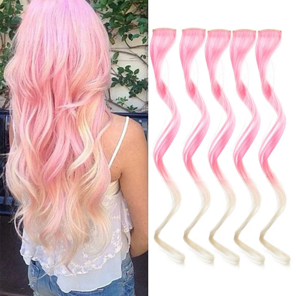 5pcs Colorful One-piece Long Curly Hair Wig for Women Hair Extension Wig 18inch Synthetic Straight Hairpieces Wig Fake Hair Girl