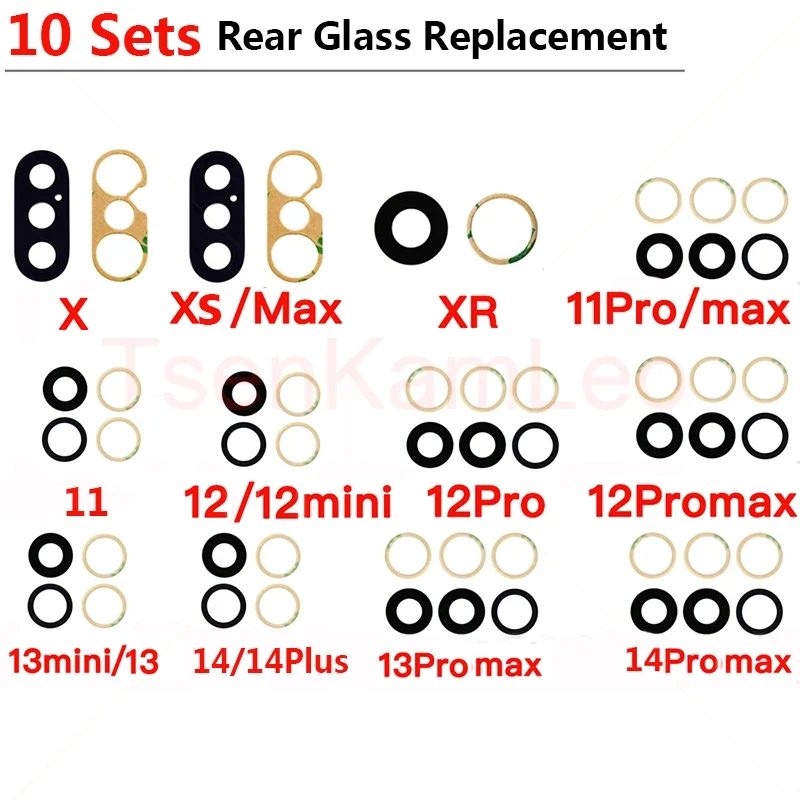 TsenKamLeo 10 Pcs Back Camera Glass for iPhone 11 12 13 Pro Max 13Mini XR XS 14 Rear Cam Cover Lens 3M Sticker Holder Parts