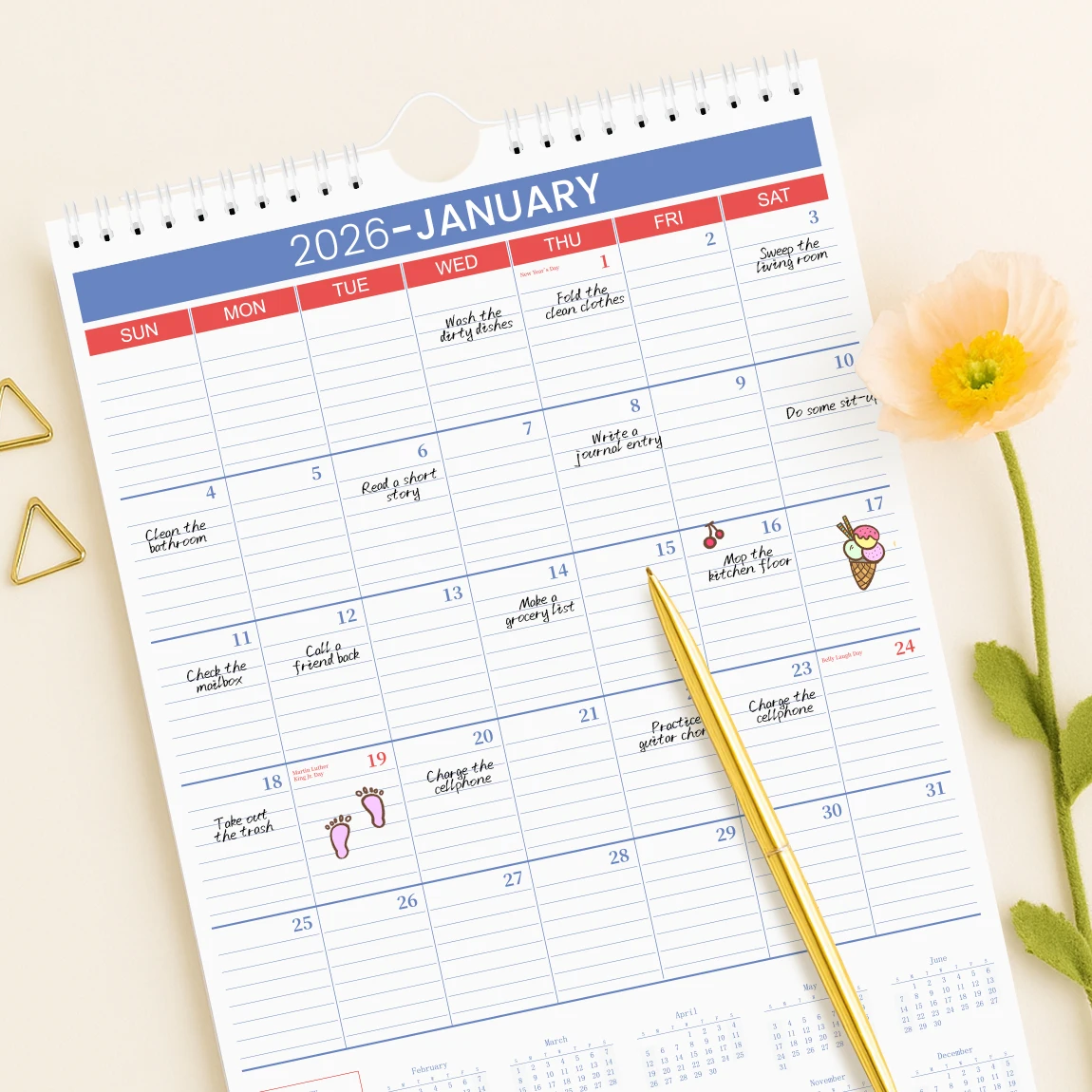 2026 Wall Calendar 12 Month, Large Monthly Planner, Minimal Office Style, Thick Paper, Twin Wire Binding