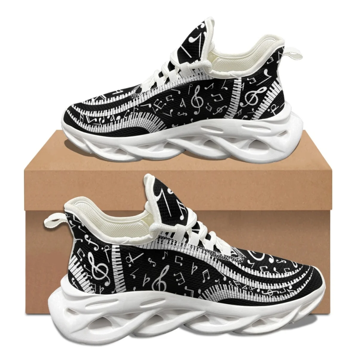 Black White Piano Note Print Female Autumn Winter Tennis Shoes Shock Absorption Lightweight Footwear Lace Up Breathable Sneakers