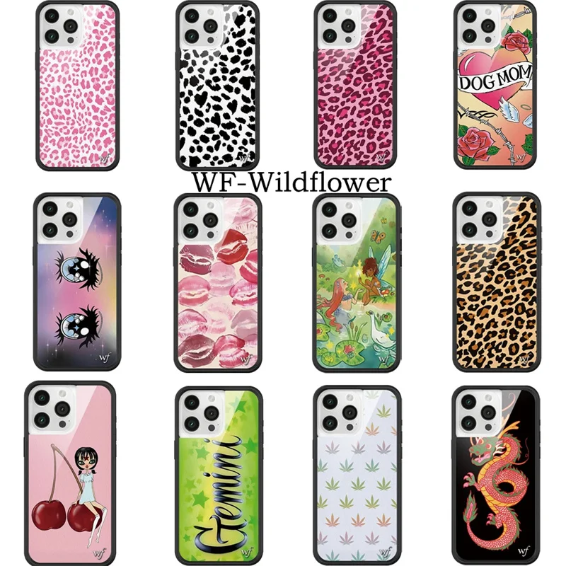 

Wildflower 3D Cute Fruit Cherry Girl Sexy Lip WF Metal Logo Cartoon Phone Case For iPhone 15 14 13 12 16Pro Max WF Leopard Cover