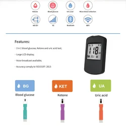 Test poziomu glukozy we krwi i kwasu moczowego Duży wyświetlacz LCD Zestaw glukometru Cukrzyca Tester ketonów we krwi 3 w 1 Wielofunkcyjny