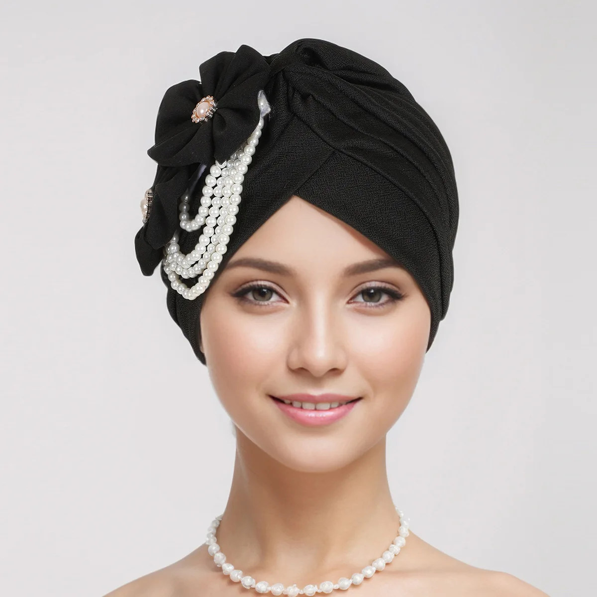 

Hijab Hat Ladies Flower Pearl Accessories Elegant Fashion Muslim Baotou Hat Chemotherapy Hat Ethnic Hat