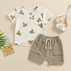 Toddler Kids Clothes Boys Summer Bear Print Short Sleeve Cotton Linen Pocket T-shirts Tops+Drawstring Shorts Sets Outfits