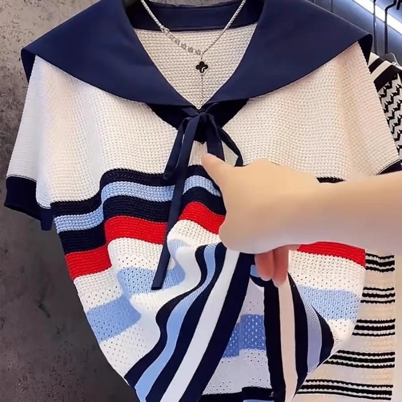 المألوف Preppy نمط بحار طوق محبوك القمم الصيف جديد خمر مخطط البلوفرات المرأة فضفاضة تي شيرتات قصيرة الاكمام