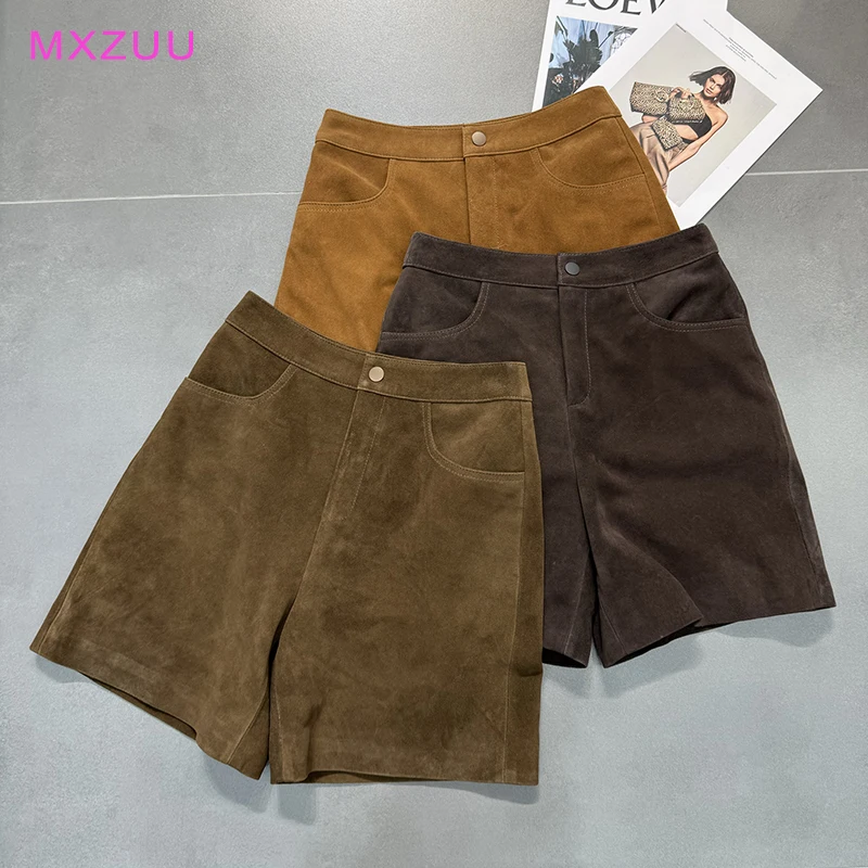 Brown Women's Pants Sheepskin Suede Real Leather Shorts High Waist Casual Mid-Length Wide Leg Fifth Trousers Calcas Femininas