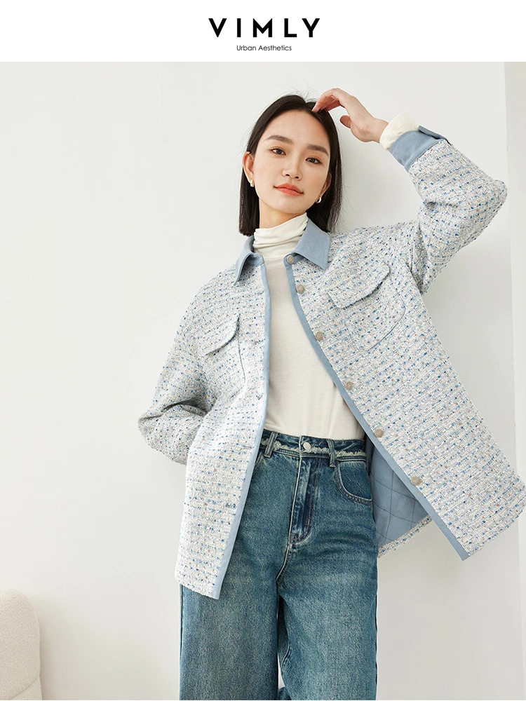 Vimly Winter Padded Tweed Coat Shackets for Women 2023 Patchwork Blue Mid-length Plaid Button Down Shirt Jackets Outerwear M3932