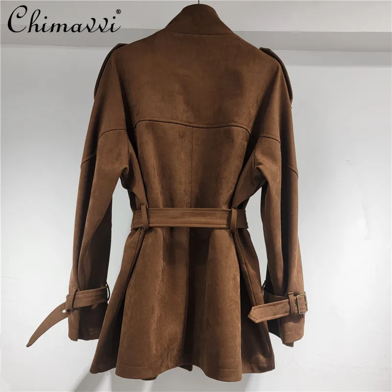 2025 Autumn Clothes New Fashion Retro Stand Collar Lace-Up Jacket Women Cool Slim Fit Elegant Long Sleeve Suede Trench Coat