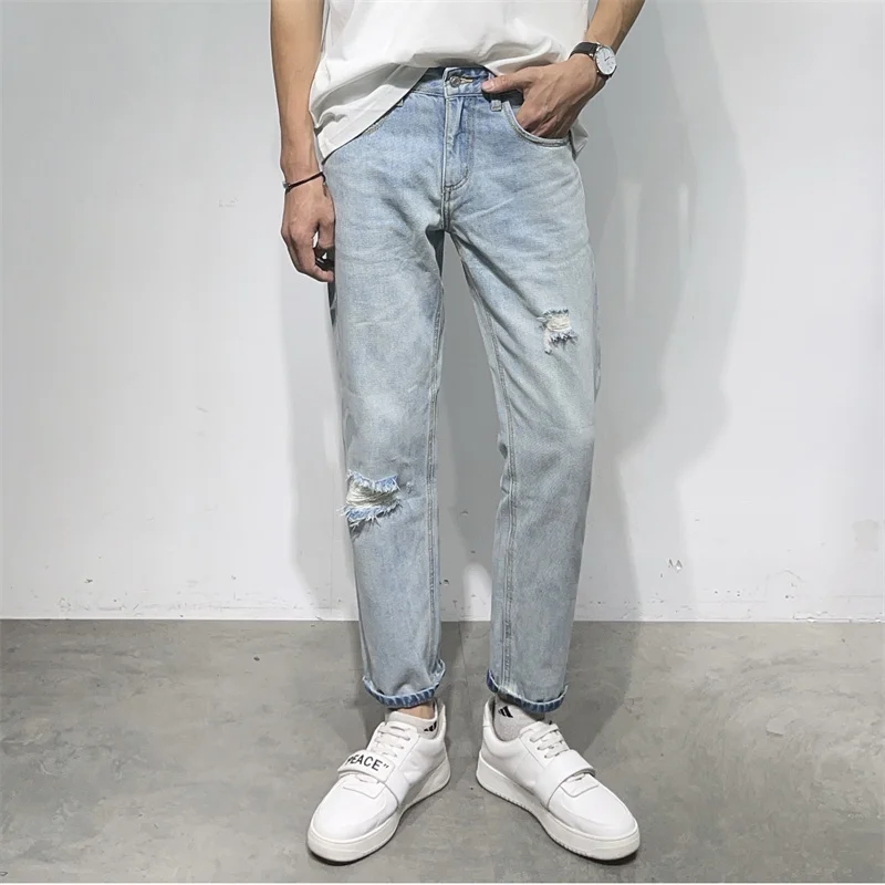 

Spring New Arrival Light Blue Waed Hole Denim Jeans Men's Tapered Straight Leg Long Pants Original Dh Original Casual Cotton