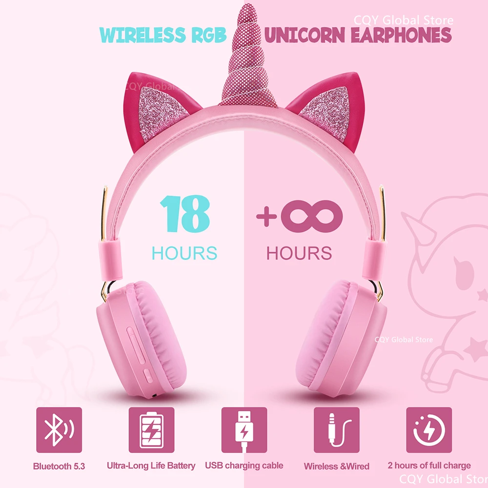 RGB Unicorn Kids Wireless Headphones With Mic Music Stereo Earphone Cute Unicorn Control RGB Light Headset Girls Kids Gift