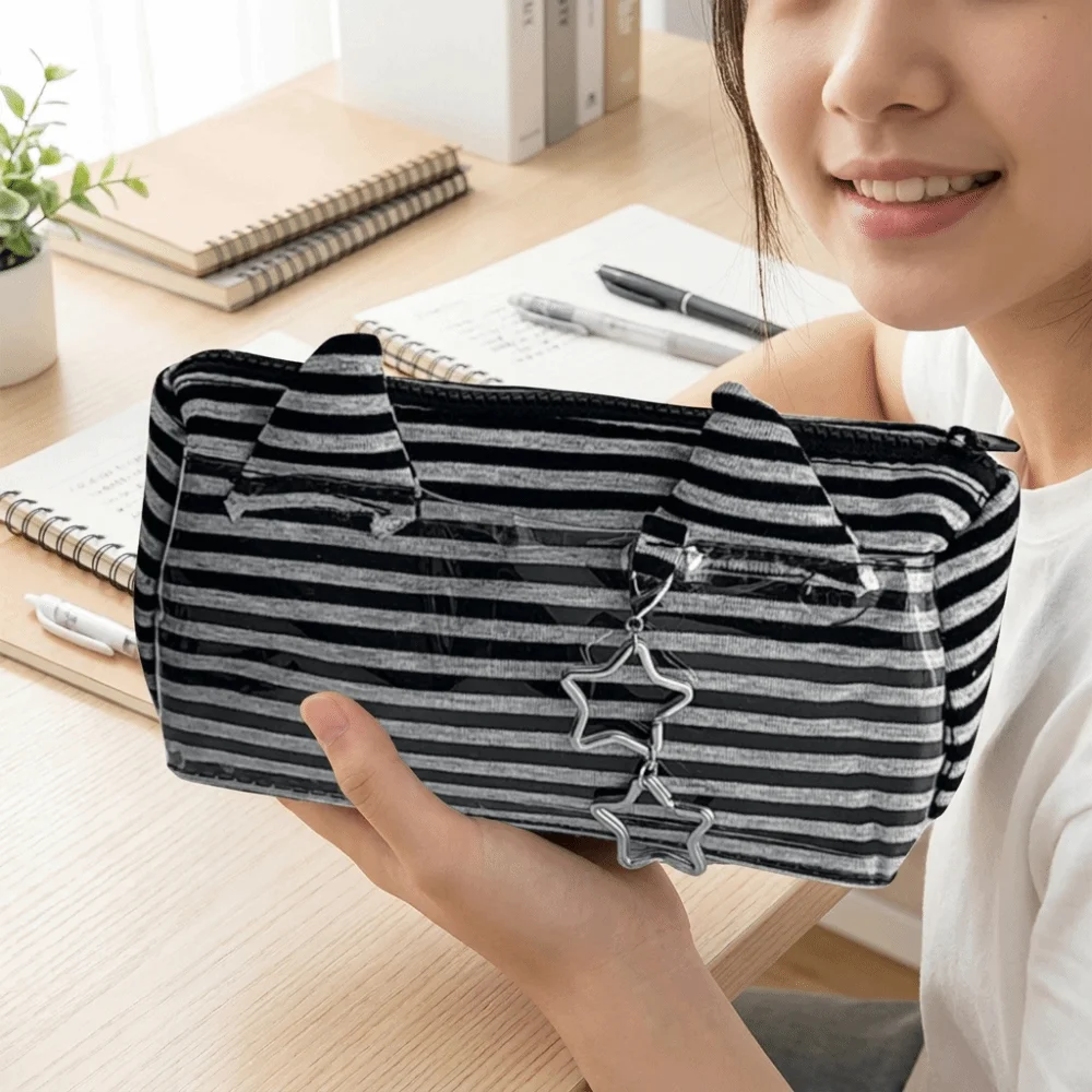 Multi-functional Striped Pencil Case Large Capacity Rabbit Ear Stationery Organizer Clear PVC Black and Gray