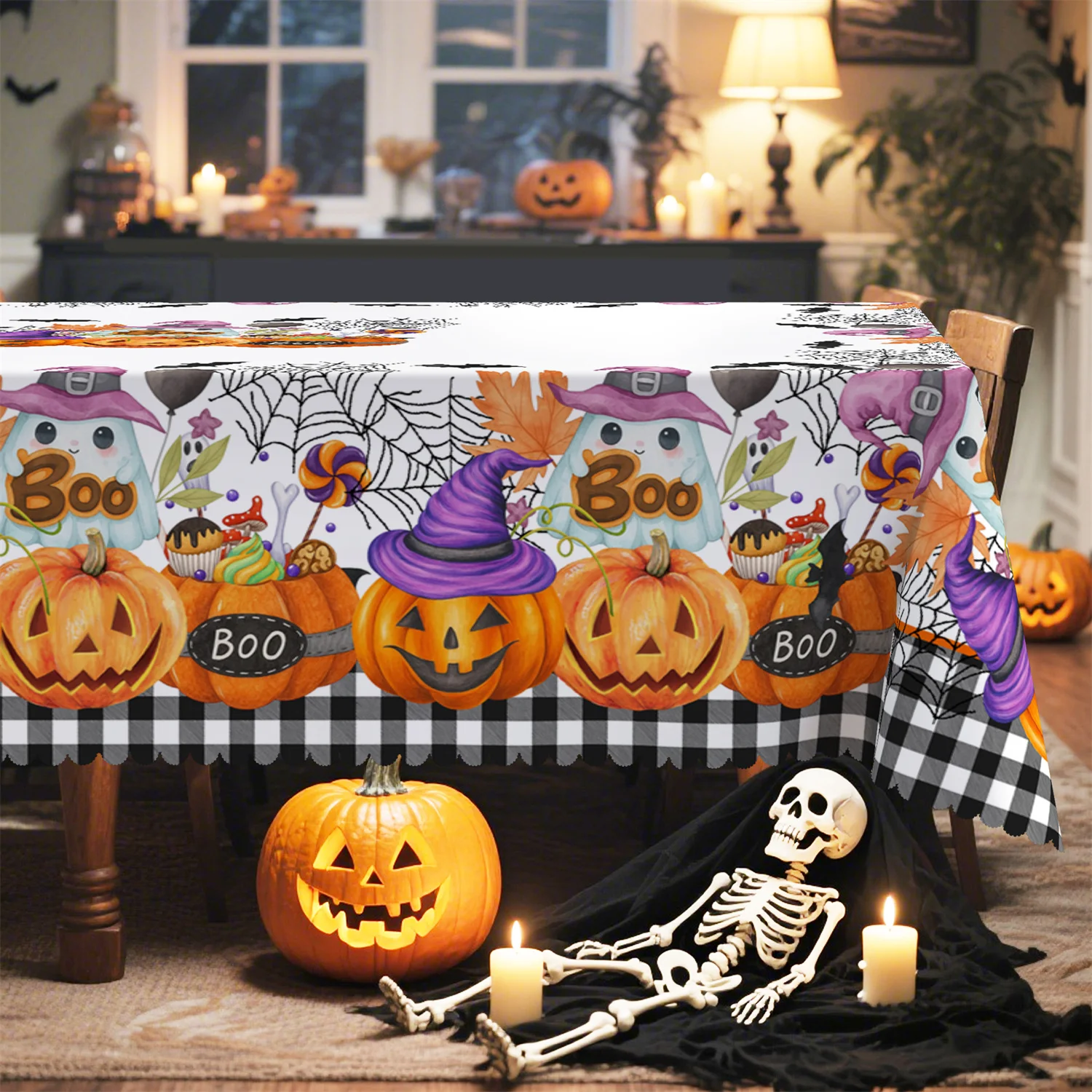 Hey, Buffalo Gourd Pumpkin Lantern Witch Hat Candy Dessert Ghost Halloween Tablecloth - 1 packzyc
