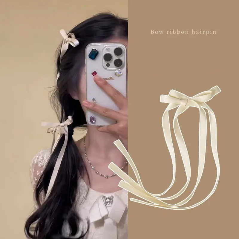 2pcs Long Ribbon Bow Hair Clip For Girls Lolita Sweet Blue hairclip Kids Side Clips Women Cute Braided hairpins Party Accessorie