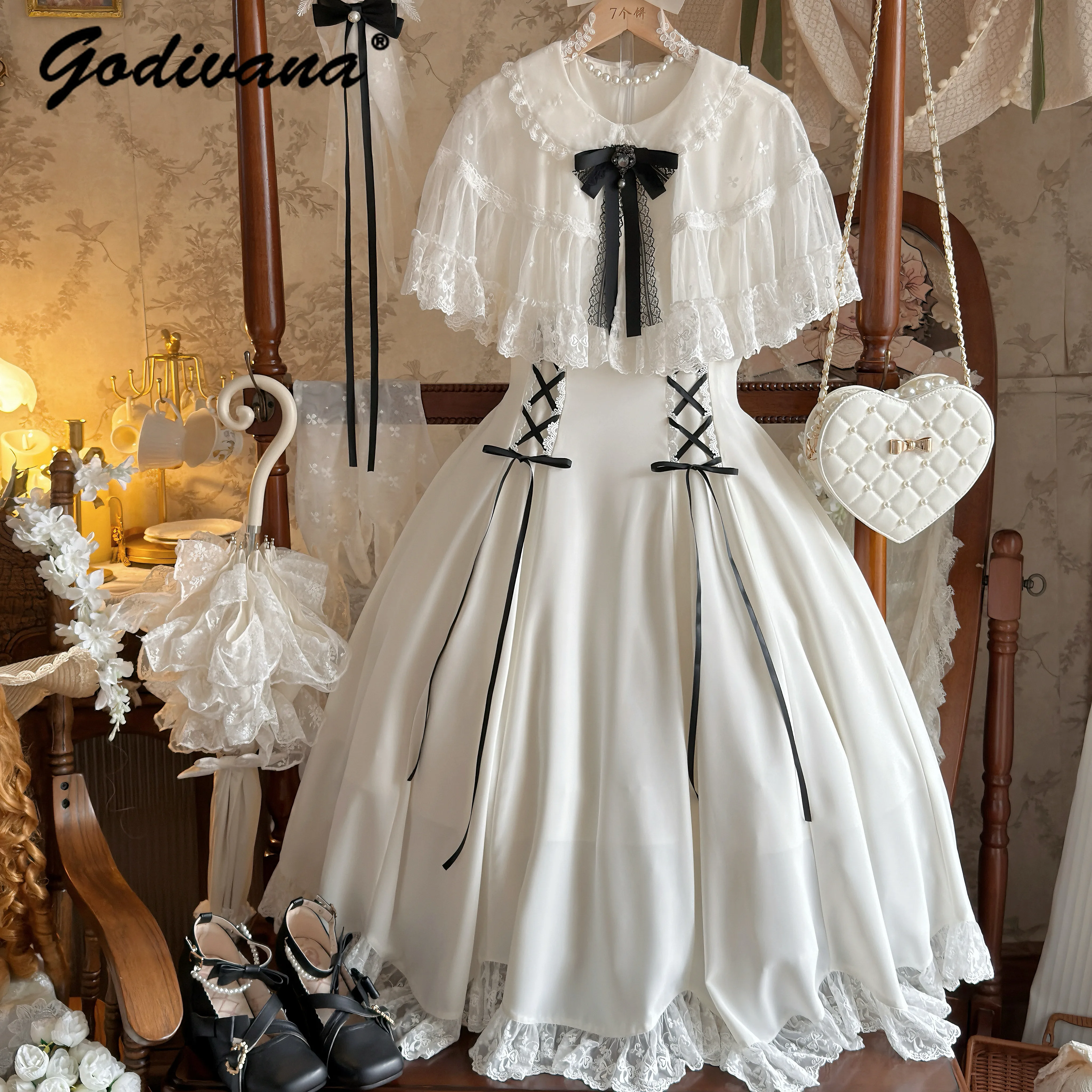 

Original Elegant White CLA Lolita Dress New Spring Summer Women's High Waist Classic Lace Cape Vintage Long Party Dresses
