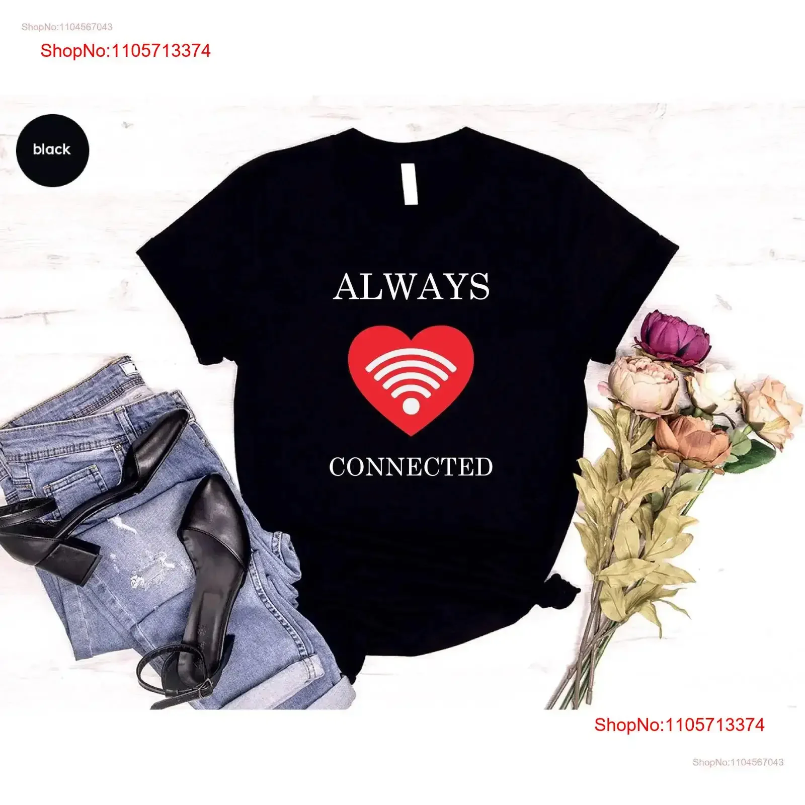 Connected to Him or Her Valentines T Shirt Couple Funny Couples Valentine Cute WIFI vintage Washed Casual Breathable Stretched