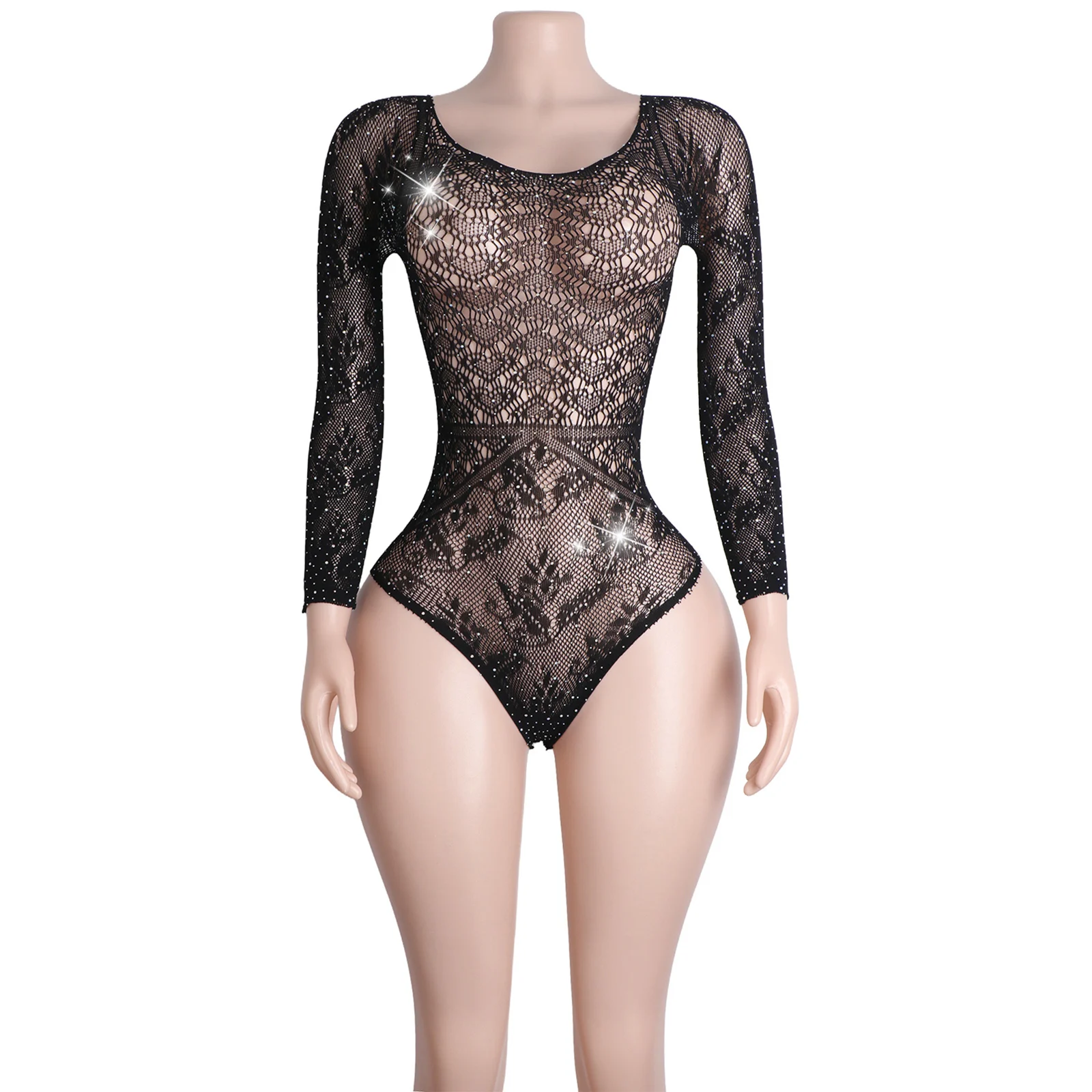 

Women's Fishnet Rhinestone Thong Bodysuit with Sleeve Pattern Sexy Exotic Dancewear Performance Club Wear Lingerie Outfit