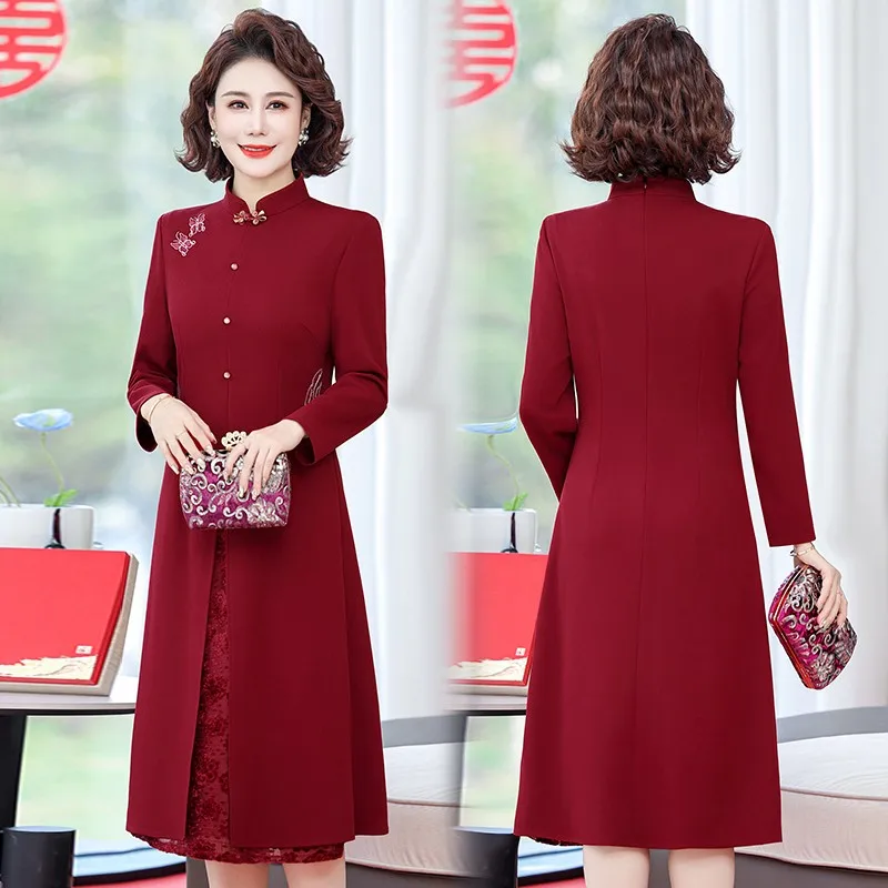 Robe de soirée de style chinois pour femmes, robe de broderie vertébrale rouge, robe vintage, robe éducative, élégante, luxe, printemps et automne