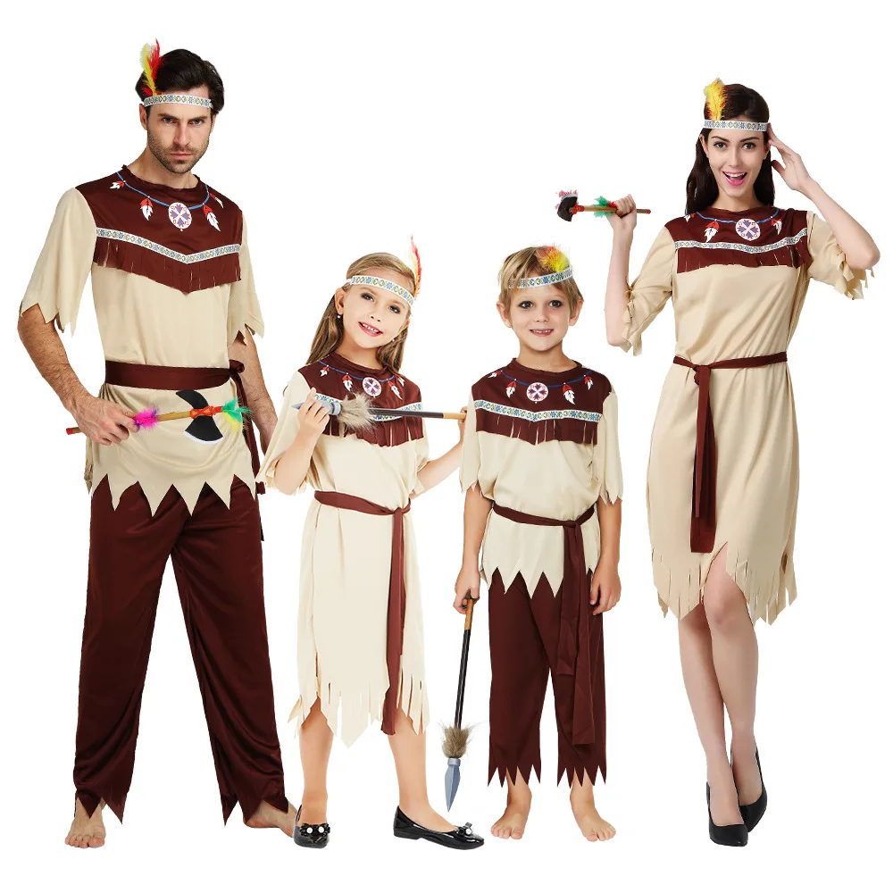 Volwassen Kinder Halloween Cosplay Kostuums Grijze Witte Indiase Kleding Inheemse Kostuums Maskeren Dansvoorstelling Kostuums