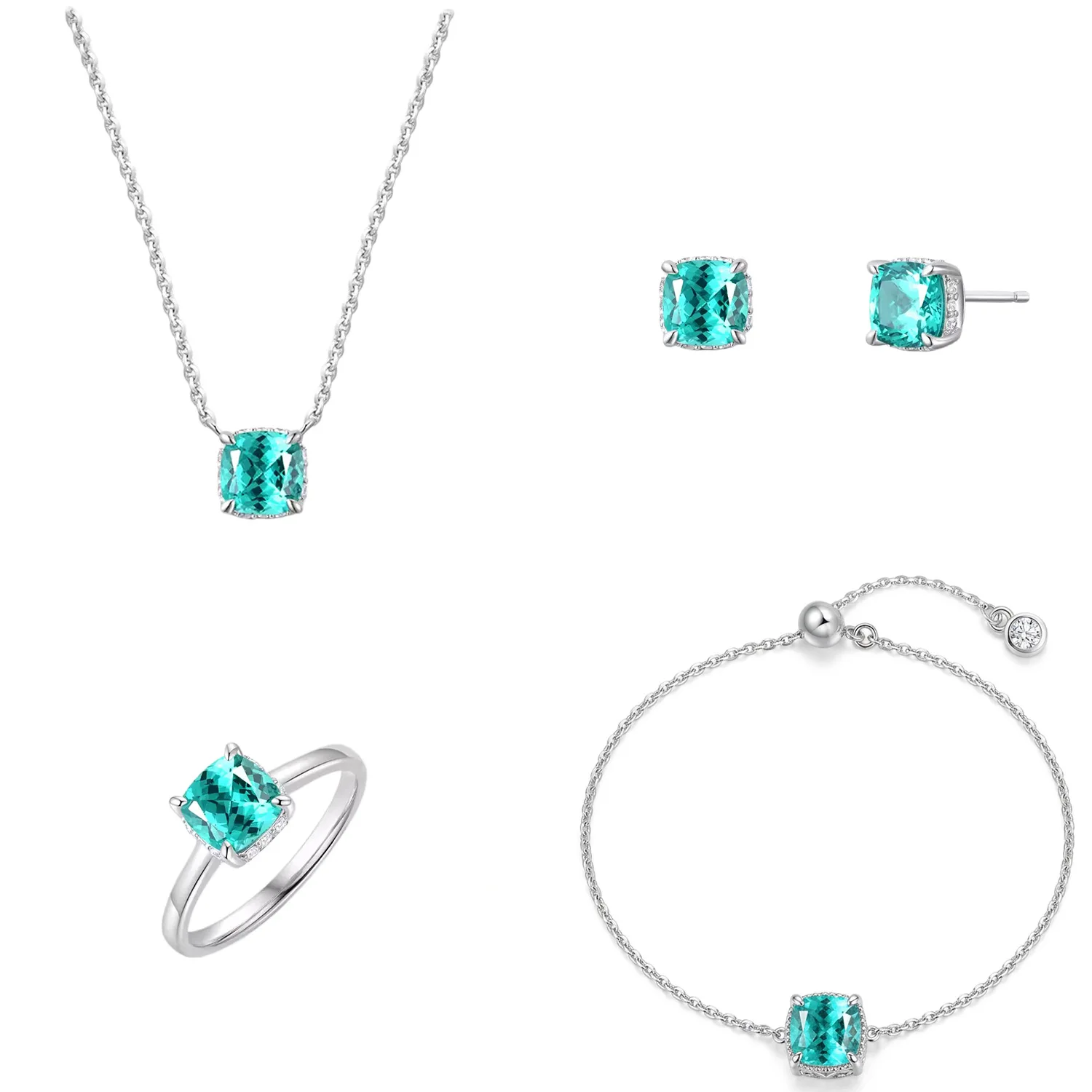 S925 Sterling Silver Ring Necklace Bracelet Stud Earrings Set Four-claw Sugar Cube Pendant High Carbon Diamond Green Treasure
