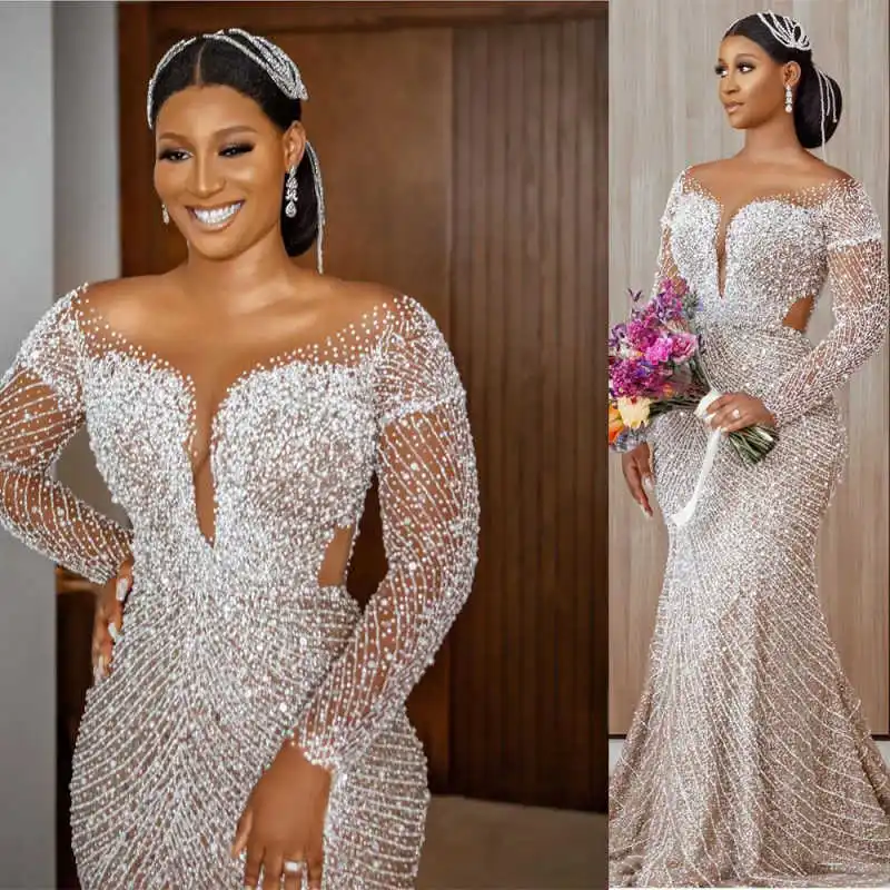

Gorgeous Wedding Dresses Mermaid V-Neck Beaing Sequins Crystals Long Sleeve Bridal Gowns Vestido De Noiva Customized