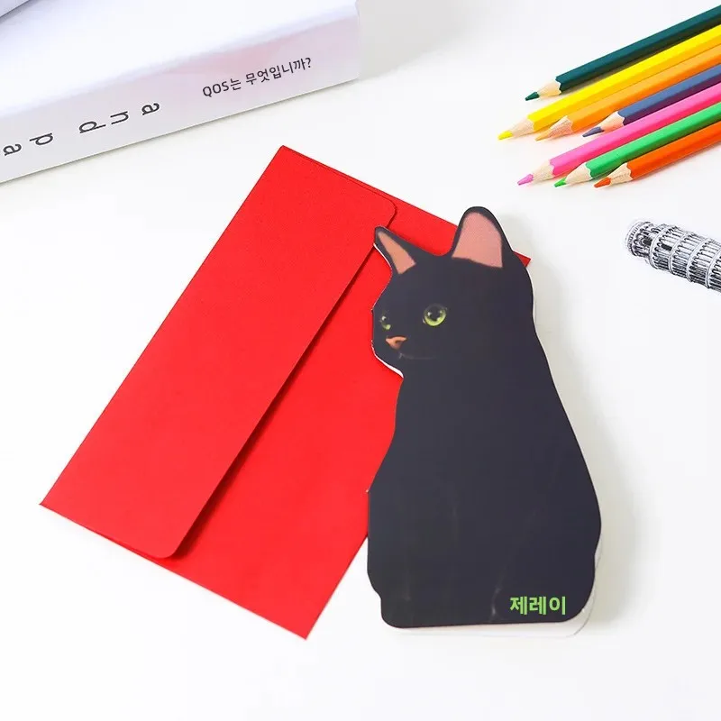 5Pcs Greeting Cards Retro DIY Handmade Dried Flower Thank You Note Black White Yellow Cats Birthday Party  Decoration