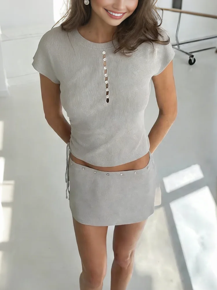 

Tossy Summer Knit Casual 2 Piece-Set Skirt For Women Hollow Out Short Sleeve Sweater Pullover And Sexy Y2k Skirt Outfits Female