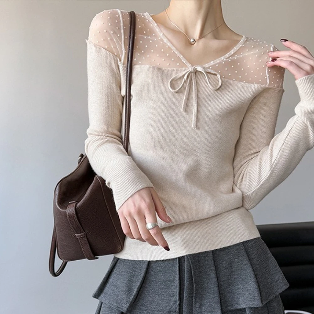 TWOTWINSTYLE Solid Spliced Lace Up T Shirt Female V Neck Long Sleeve Slimming Gentle Elegant Women's T Shirts Autumn Fashion New