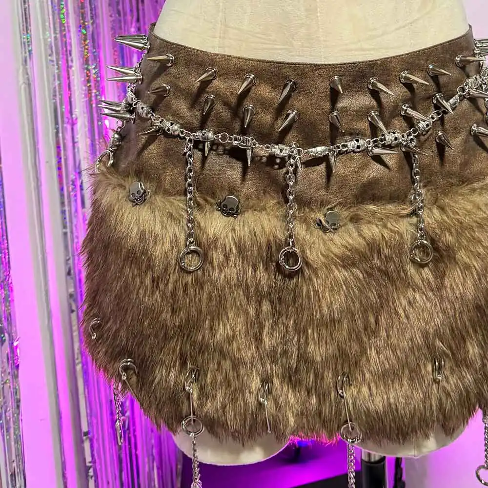 原宿系 カワイイ ティーン Y2K ヴィーガンレザー エモ スタッズ付き リベット エコ ゴス パンク ロック スタッズ付き ゴシック フェイクファー スカート グランジ ハンドメイド