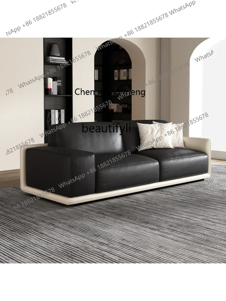 D178 Y yj Italian Minimalist Leather Sofa Black down Feather Four-Seat First Layer Cowhide Square Straight Row Sofa