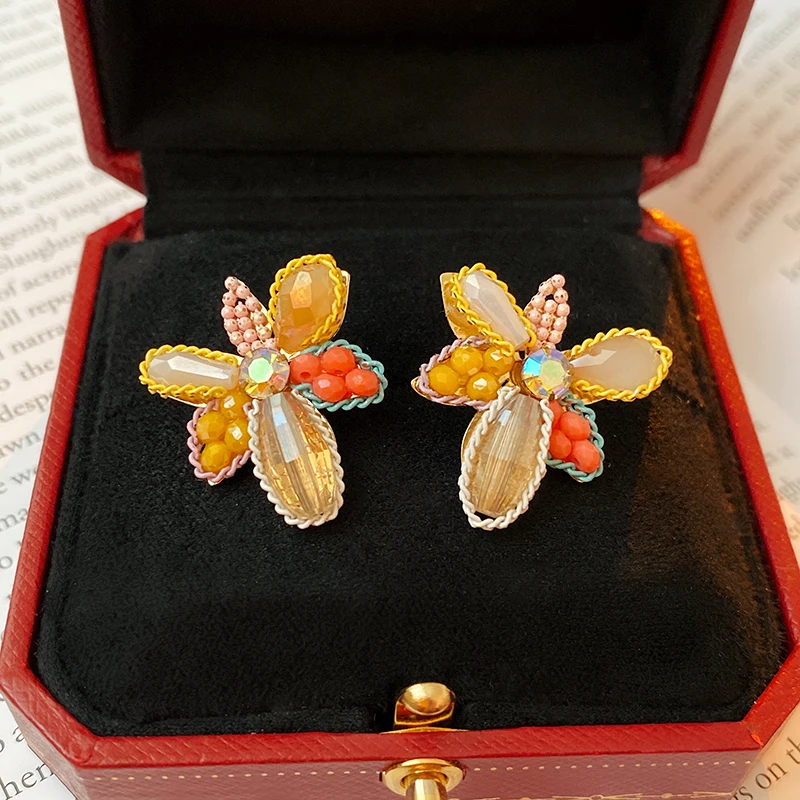 Sparkly Full Rhinestone Crystal Earrings Colorful Flowers Stud Earrings For Women Fashion Exquisite Party Wedding Ear Jewelry