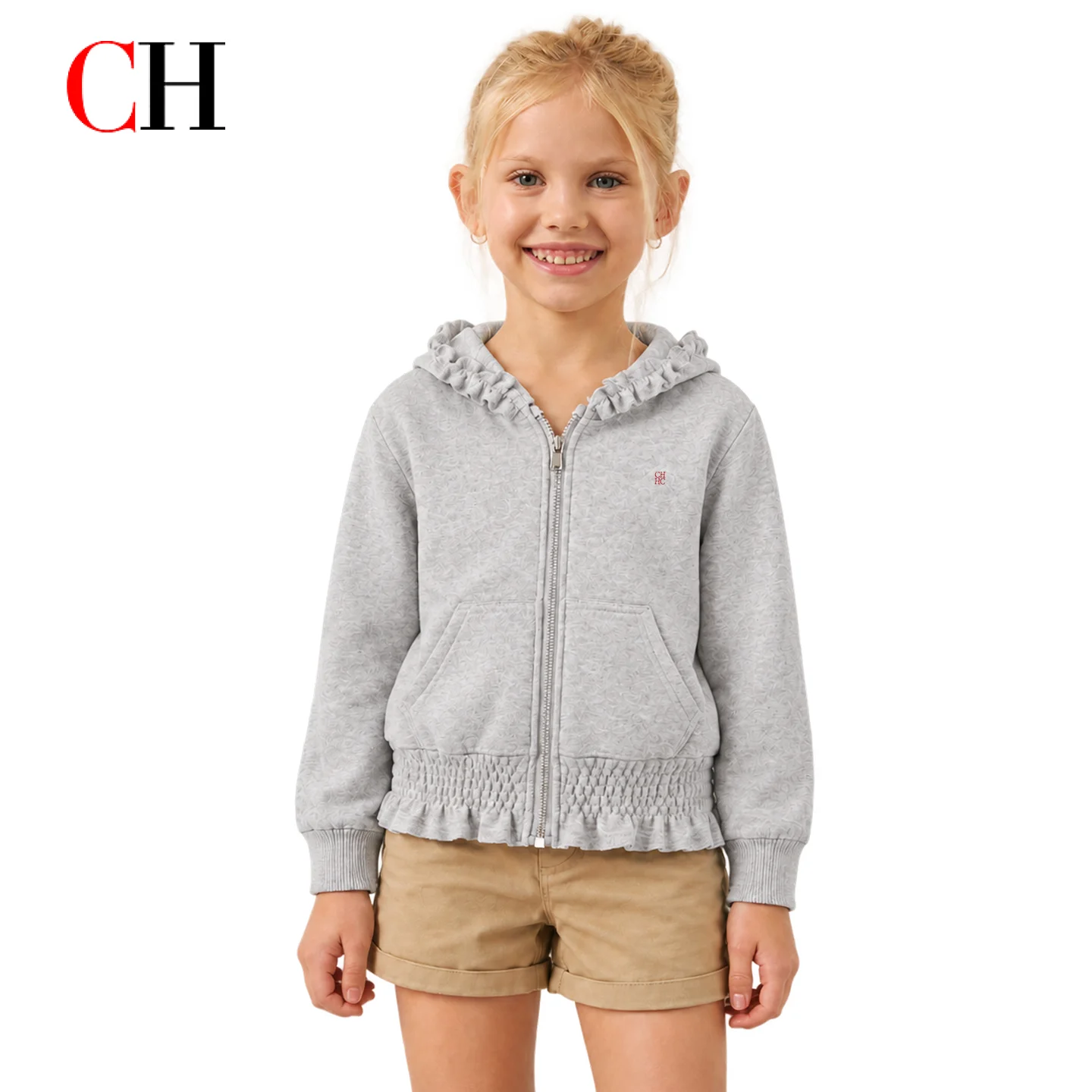 CH Girls Gray Hooded Jacket Long Sleeve Ruffle Hoodie Zip Up Sweatshirt Casual Kids Outerwear Fashion Coat Autumn Winter