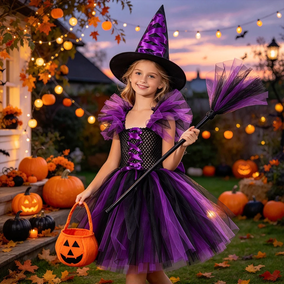 Girls Halloween Party Witch Costume Fluffy Tulle Tutu Dress for Kids Carnival Cosplay Demon Ghost Masquerade Children's Costume