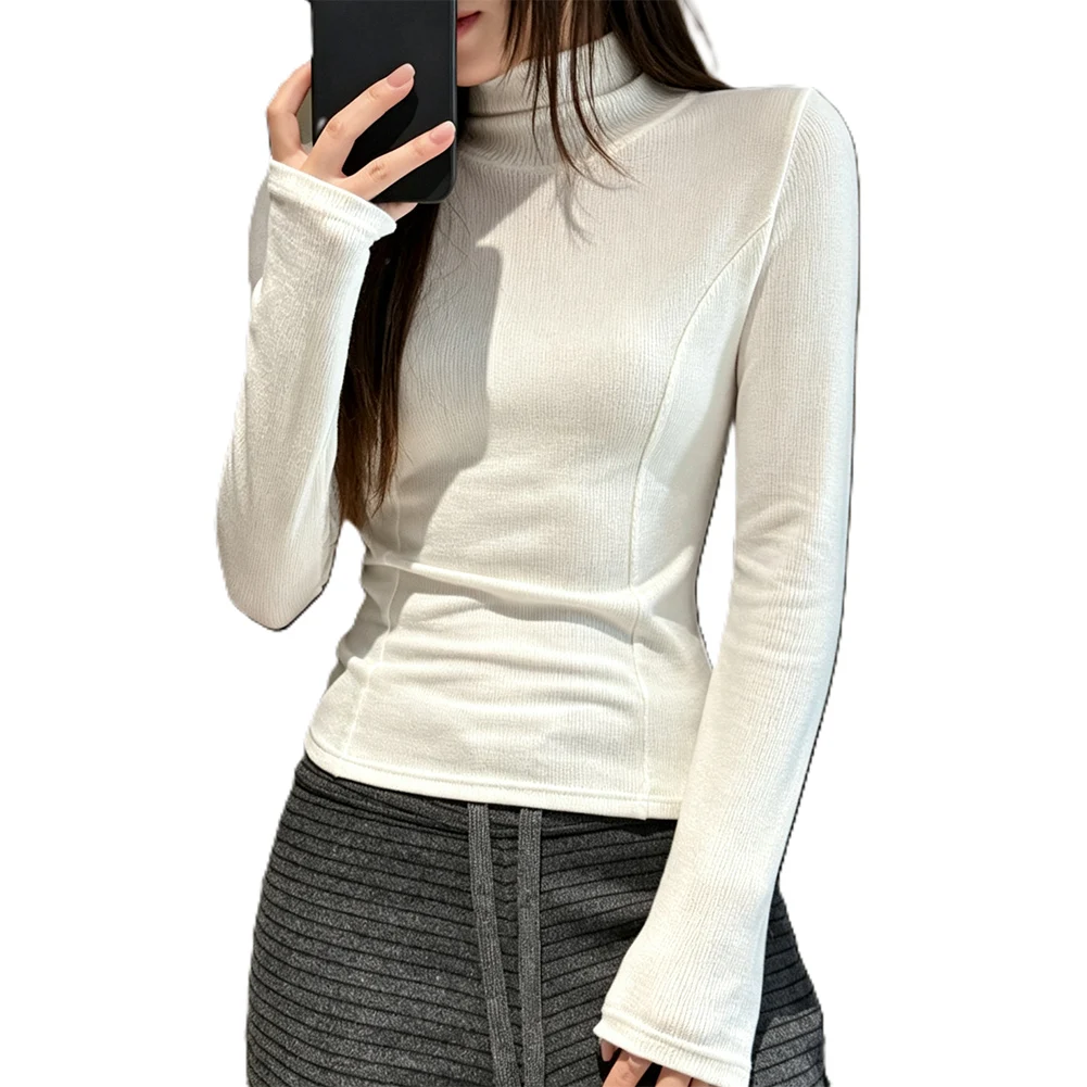 Women's Solid Color 1semi -high Neck Threaded Splicing Long Sleeved T-shirt Base Shirt Spring And Autumn Seasons Tops