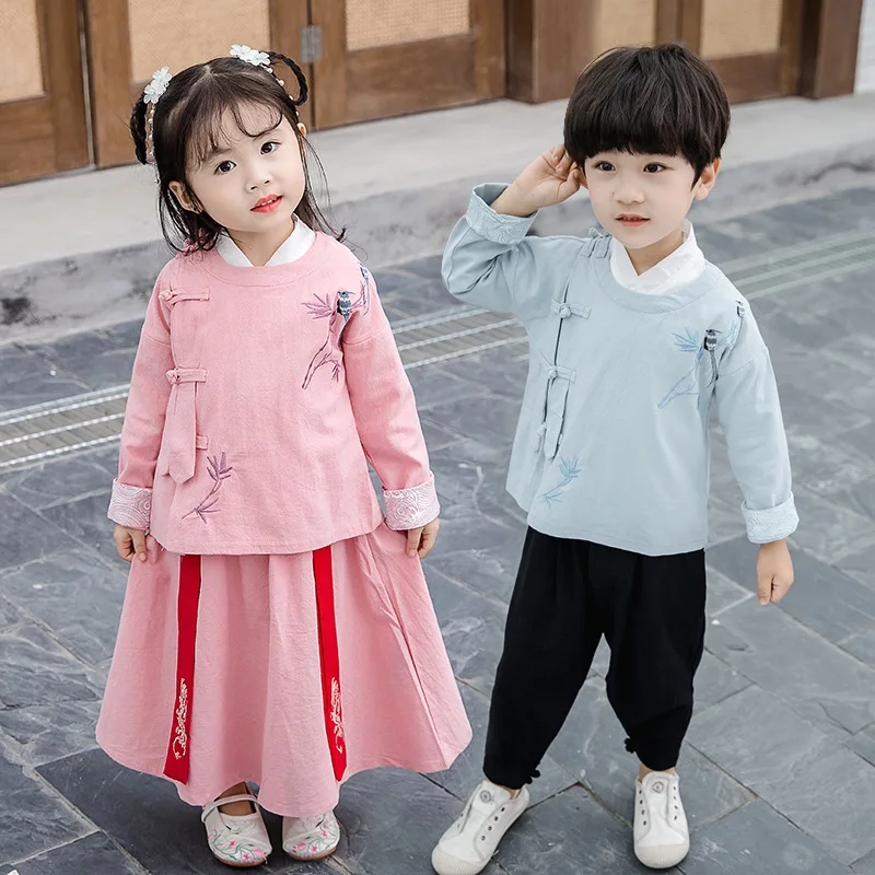 

Autumn New Boys And Girls Chinese Style Embroidery Three Piece Sets Hanfu Children Lovely Sweet Role Play Vintage Button Costume
