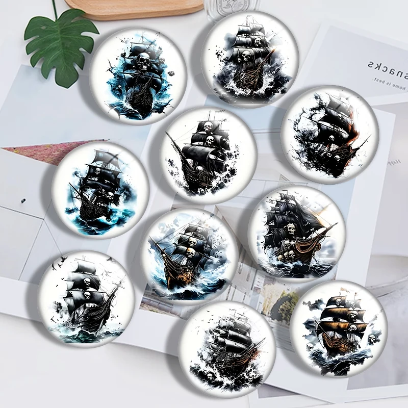 Watercolor Pirate Ship  10pcs 12mm14mm/16mm/18mm/20mm/25mm Round Photo Glass Cabochon Demo Flat Back Making Findings Jewelry