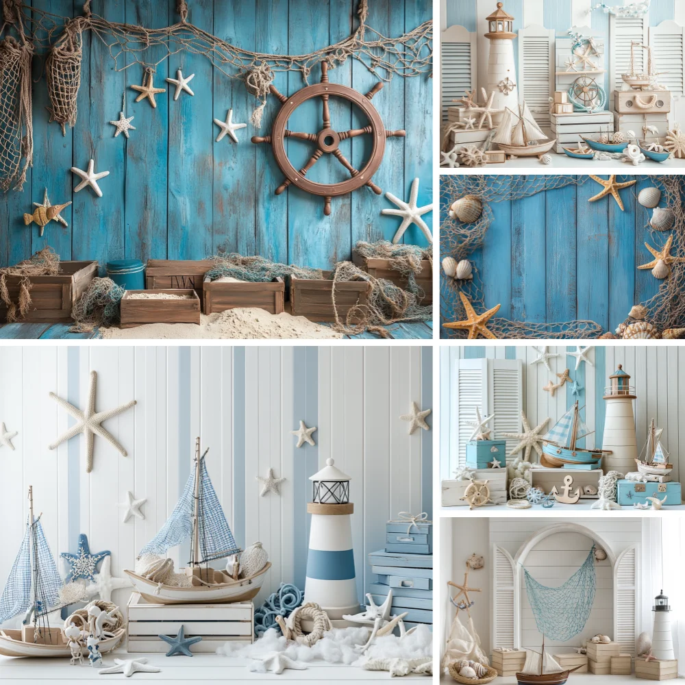 

Pirate Sailor Wooden Ship Starfish Backdrops Photography kids Birthday Party Navigation Blue Sky Balloon Decor Background Prop