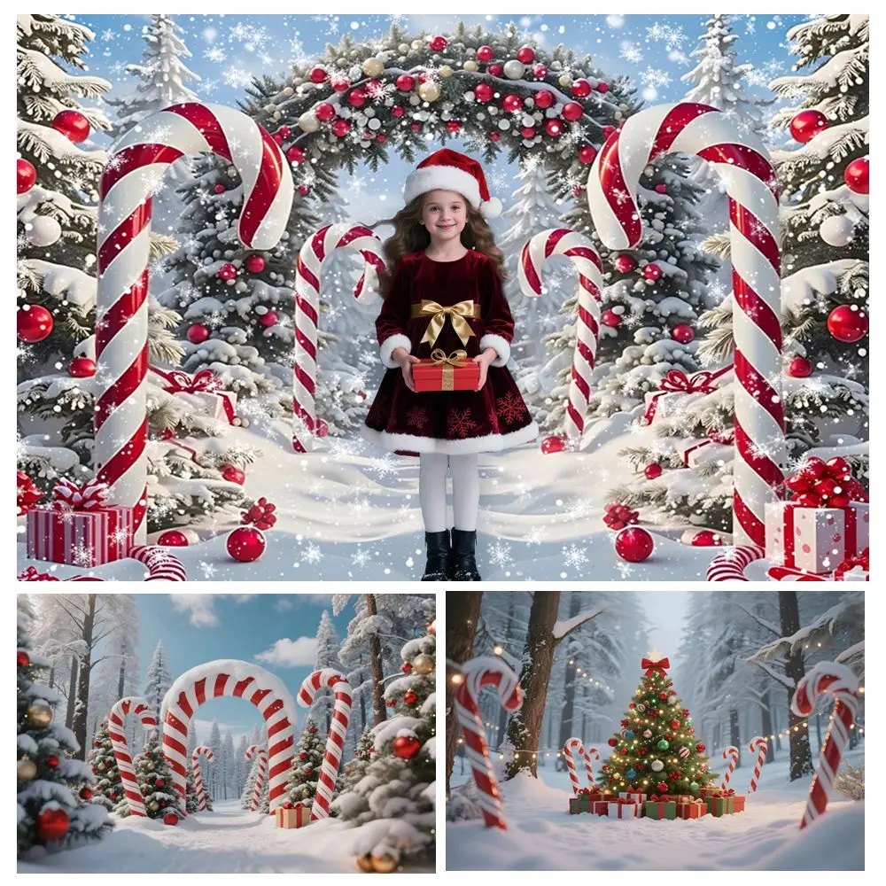 Christmas Cane Candy Photography Backdrop Winter Snow Scene Xmas Tree Kids Portrait Photo Background New Year Eve Party Decor