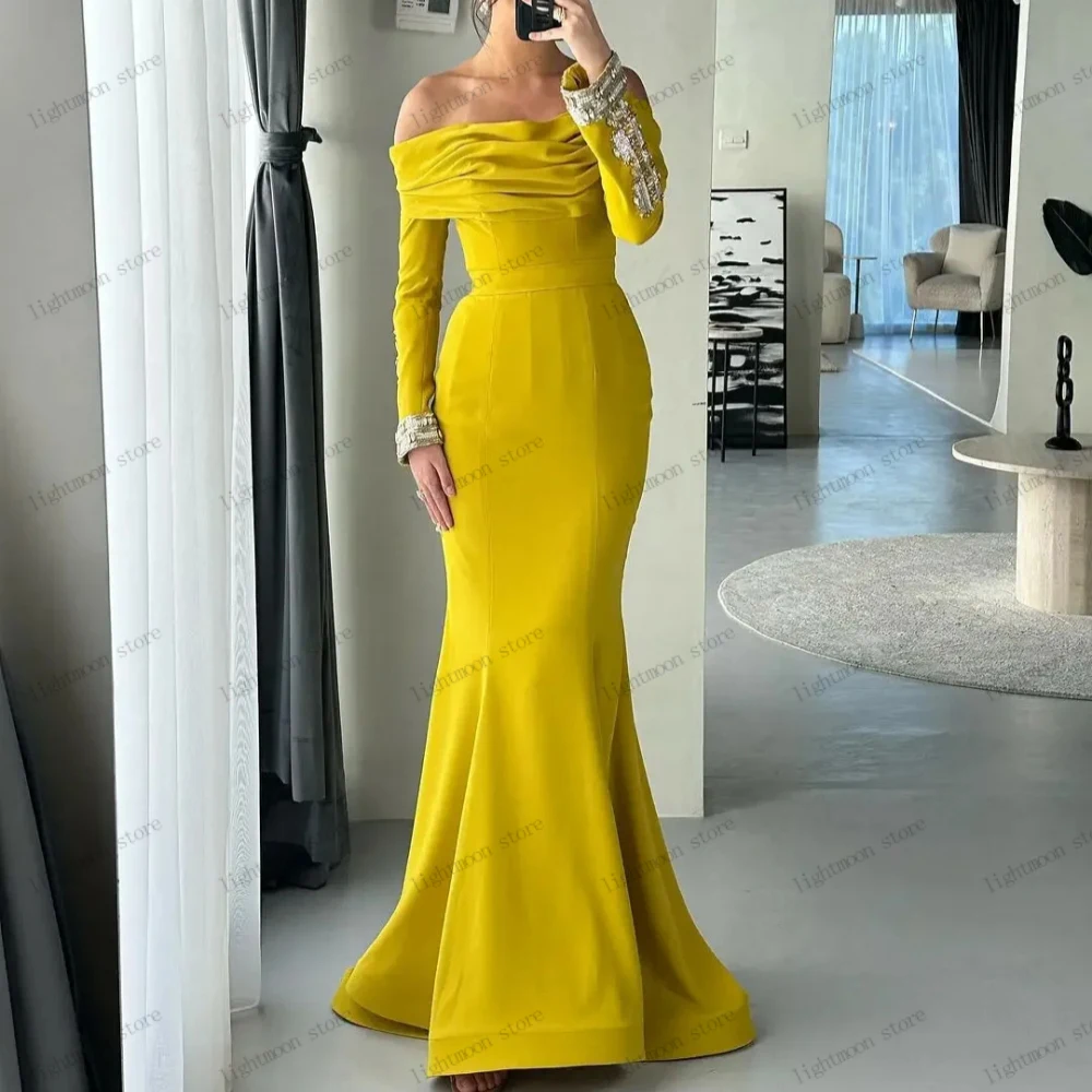 Modern Evening Dresses Satin Prom Dress Off The Shoulder Robes Full Sleeves Sweep Train Graceful Vestidos De Noche Beading 2024