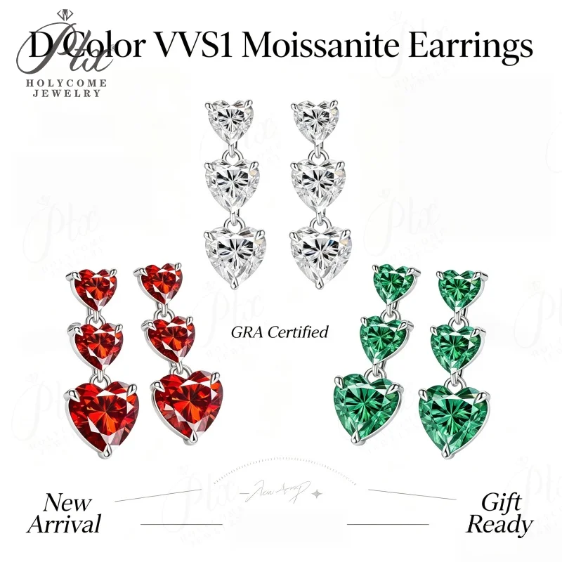 Moissanite Earrings Heart Cut 5ct D Color VVS1 925 Sterling Silver GRA Certified Hypoallergenic Office Wear Factory Direct