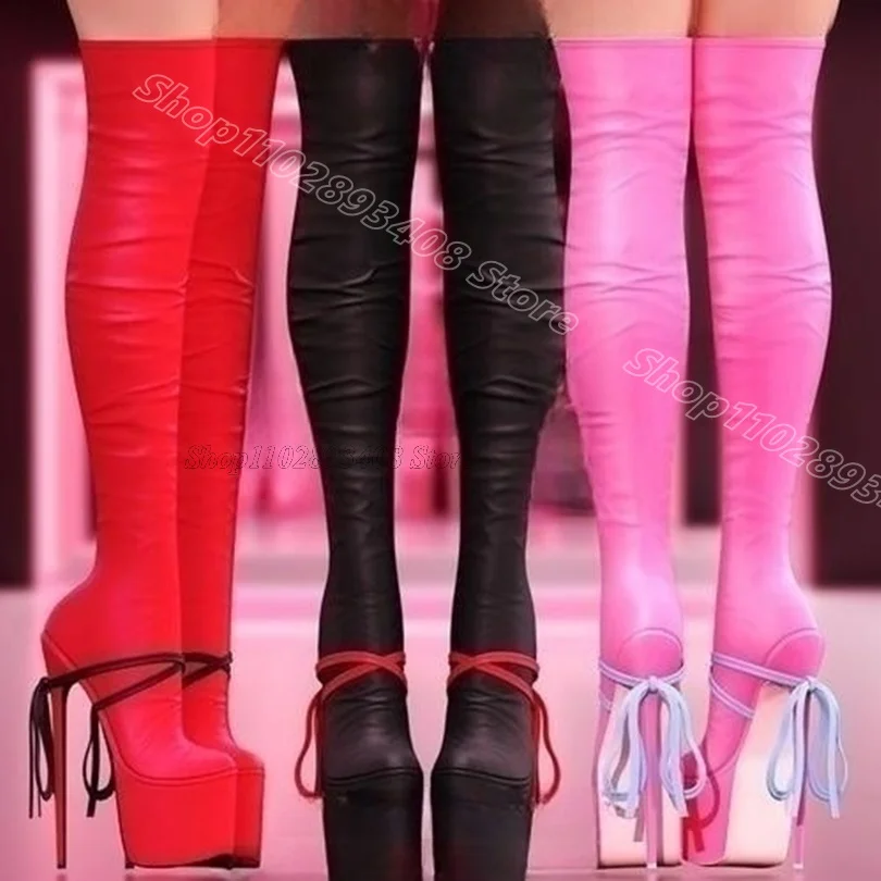 

Red Platform Bowknot Over Knee Boots Round Toe Solid British Style Party Casual Women Spring Elastic Boots Zapatos Para Mujere