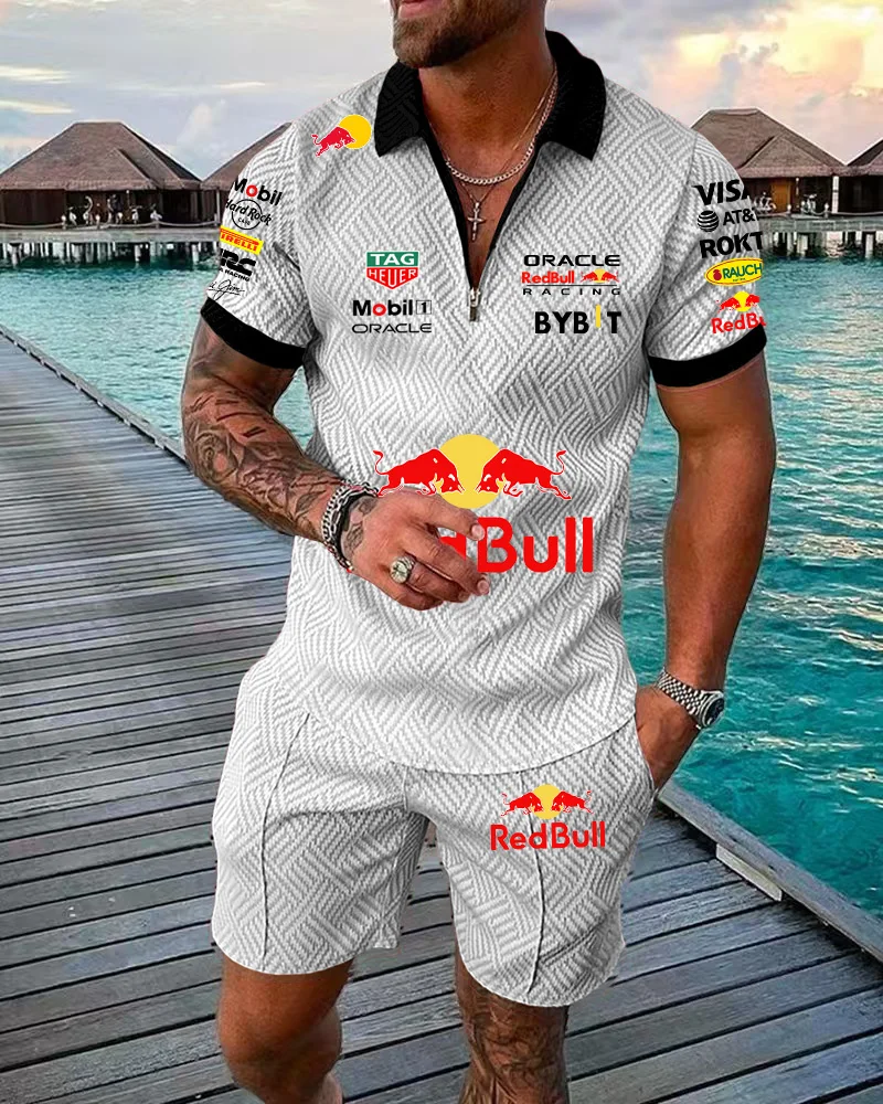 Casual style polo set, Red Bull team uniform, zippered POLO shirt + shorts, comfortable and fashionable set, street style cool