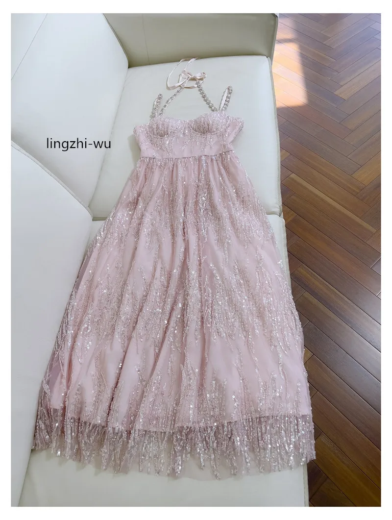 lingzhi-wu Women Mesh Sequins Dress French Design Luxury Top Quality Ladies Formal Dresses Diamonds Sling Noble Holdiay Vestidos